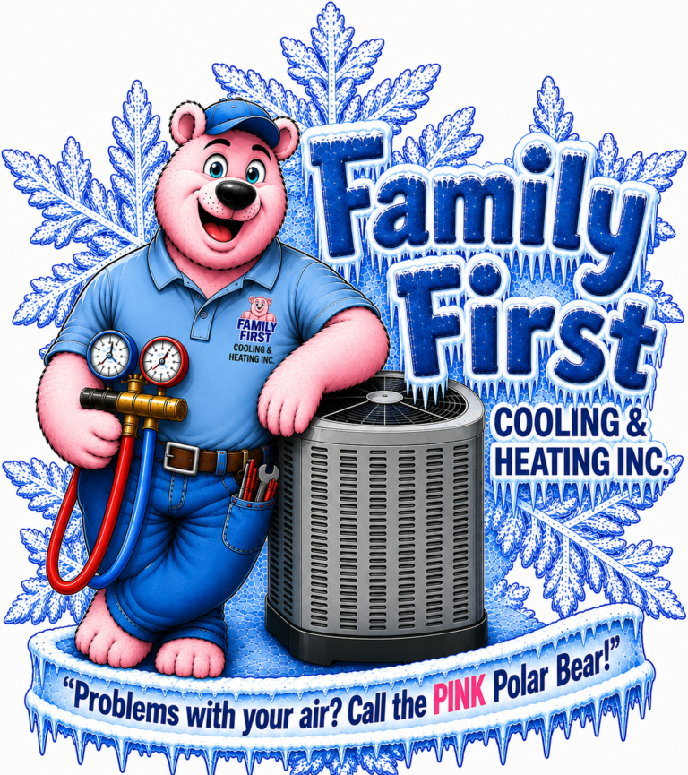Family First Cooling & Heating Pink Polar Bear mascot logo with an AC unit