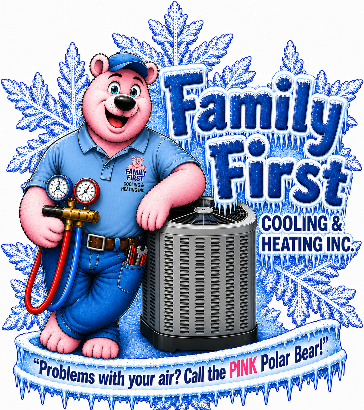 Family First Cooling & Heating Pink Polar Bear mascot logo with an AC unit