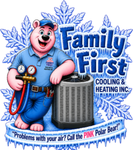 Family First Cooling & Heating Pink Polar Bear mascot logo with an AC unit