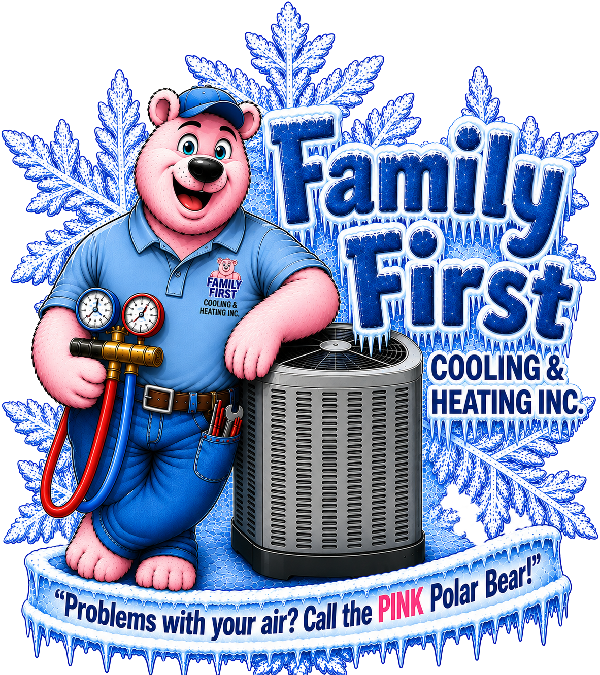 Family First Cooling & Heating Pink Polar Bear mascot logo with an AC unit