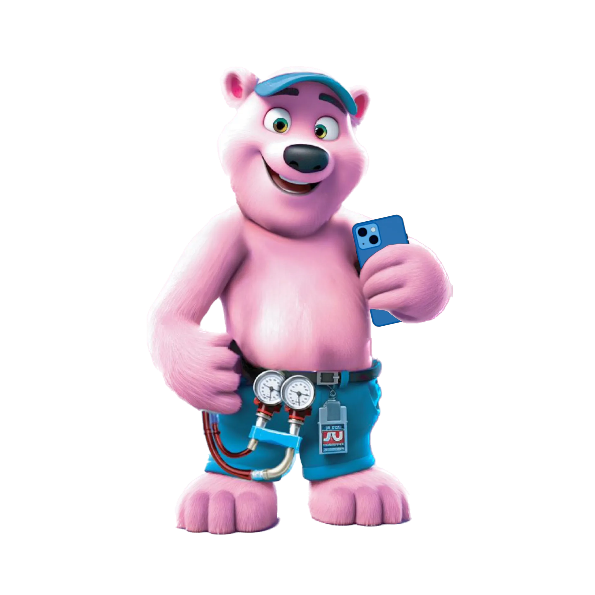 Family First Cooling & Heating Pink Polar Bear mascot logo with an AC unit